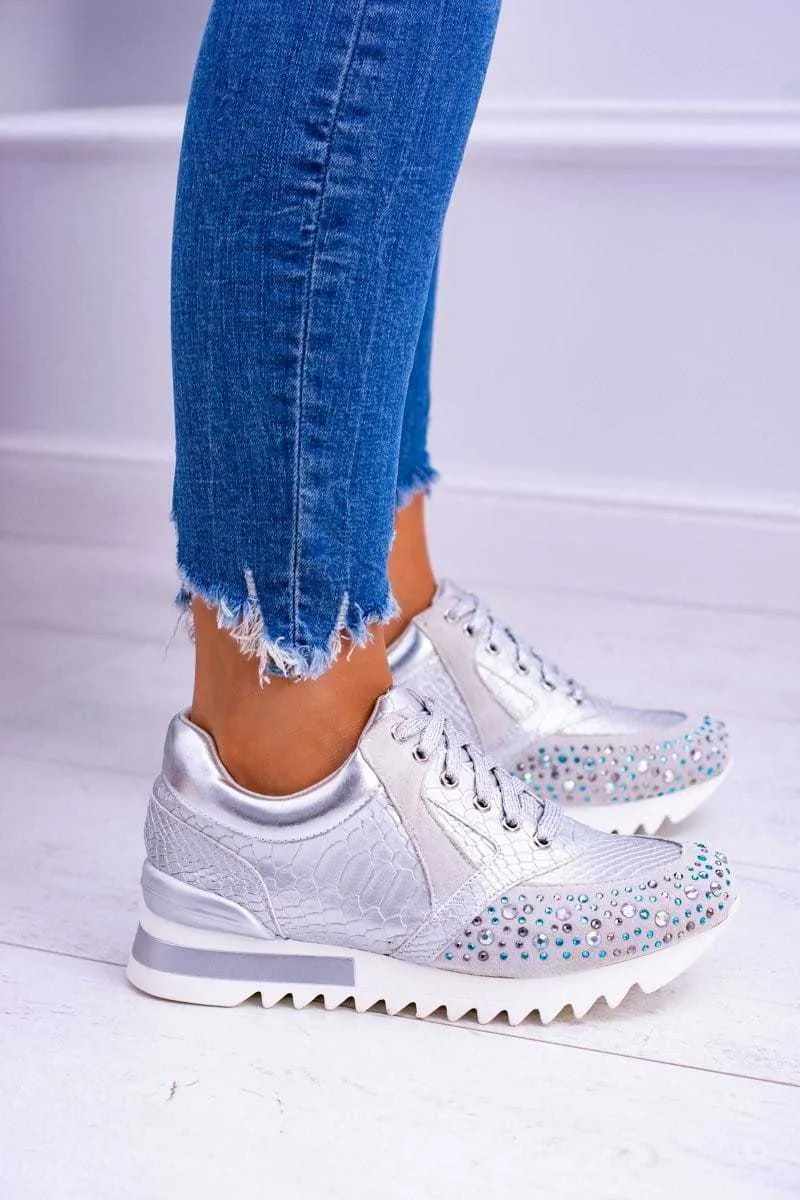 Plus size women's sports running shoes with rhinestone decoration, solid colour artificial PU upper, lace-up front, low wedge heel, black