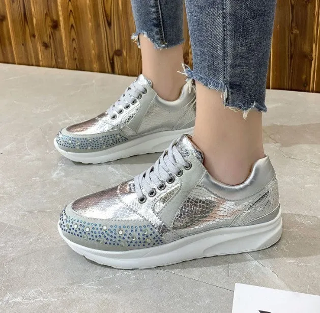 Plus size women's sports running shoes with rhinestone decoration, solid colour artificial PU upper, lace-up front, low wedge heel, black