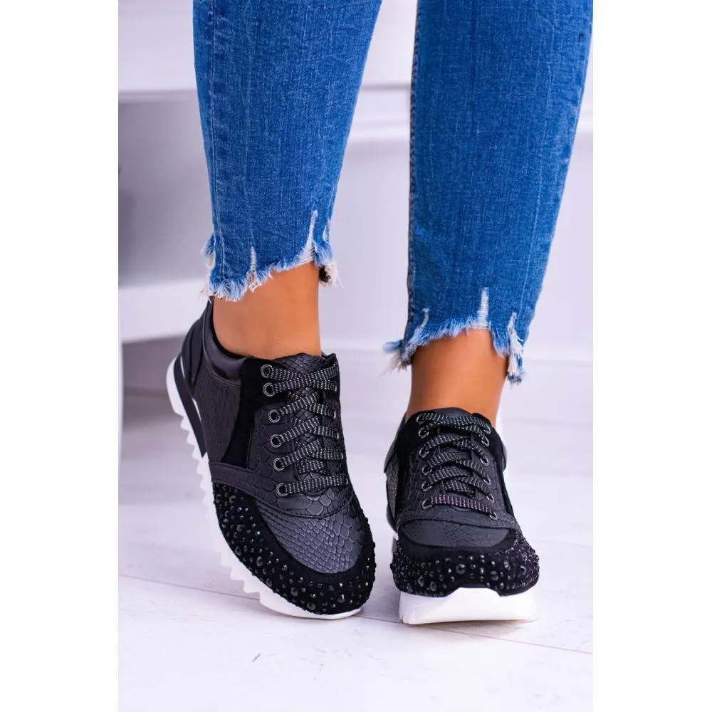 Plus size women's sports running shoes with rhinestone decoration, solid colour artificial PU upper, lace-up front, low wedge heel, black