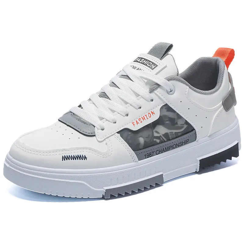 Men's white casual sneakers with lace-up front, low heel, and mesh lining, side view.