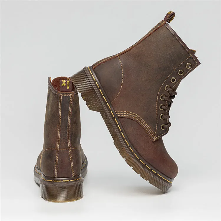 Crazy Horse leather Martin boots with round toe, wedge heel, and front lace-up closure on a white background