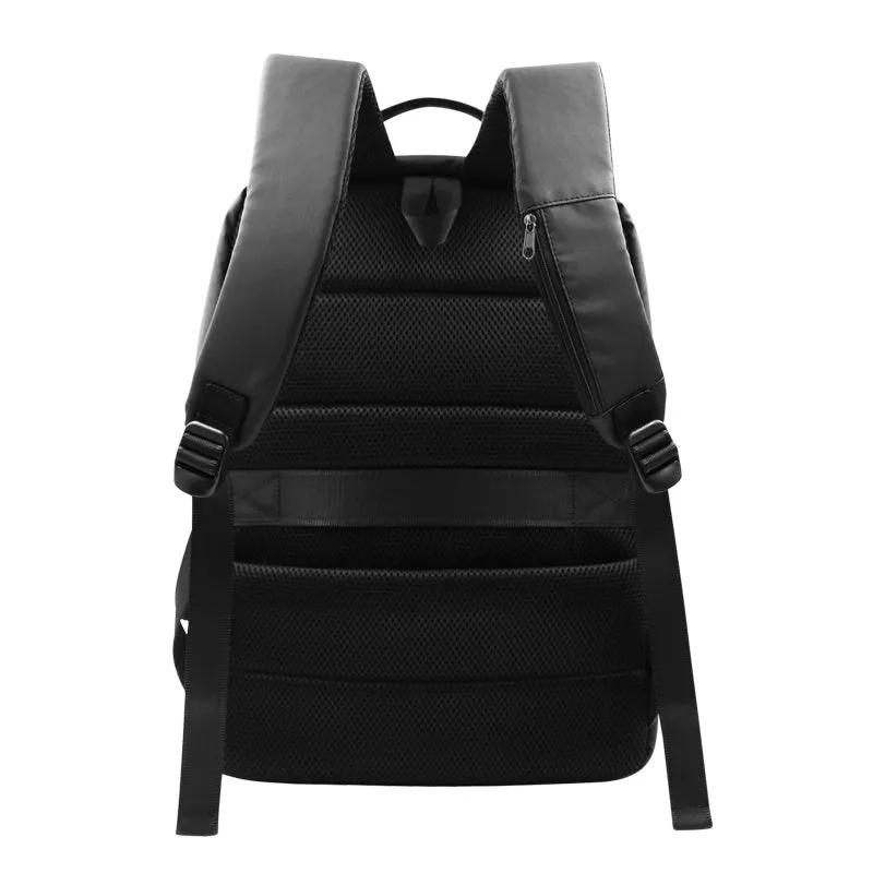 Black anti-splash polyester laptop backpack with car stitching detail and zipper closure, unisex