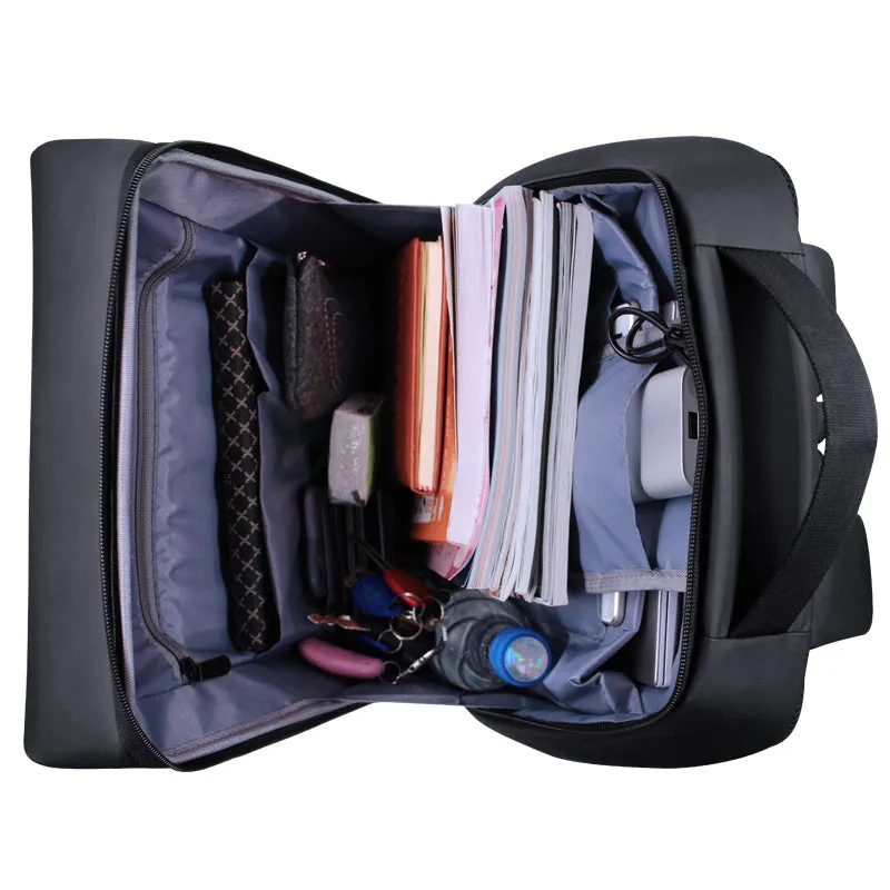 Black anti-splash polyester laptop backpack with car stitching detail and zipper closure, unisex