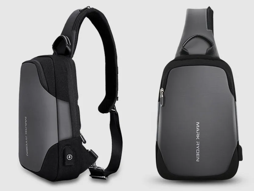 Men's anti-theft USB chest bag in black, made from Oxford cloth with zip closure and square vertical shape