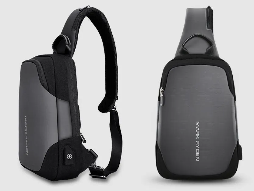 Men's anti-theft USB chest bag in black, made from Oxford cloth with zip closure and square vertical shape