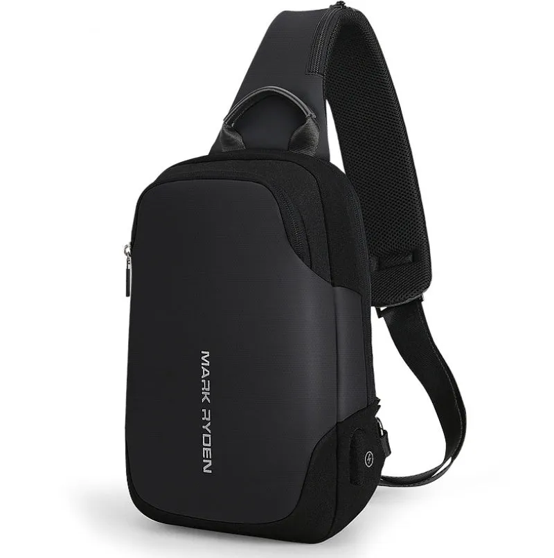 Men's anti-theft USB chest bag in black, made from Oxford cloth with zip closure and square vertical shape