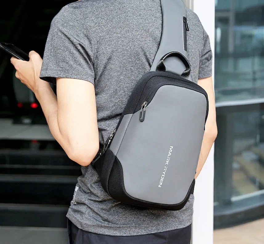 Men's anti-theft USB chest bag in black, made from Oxford cloth with zip closure and square vertical shape