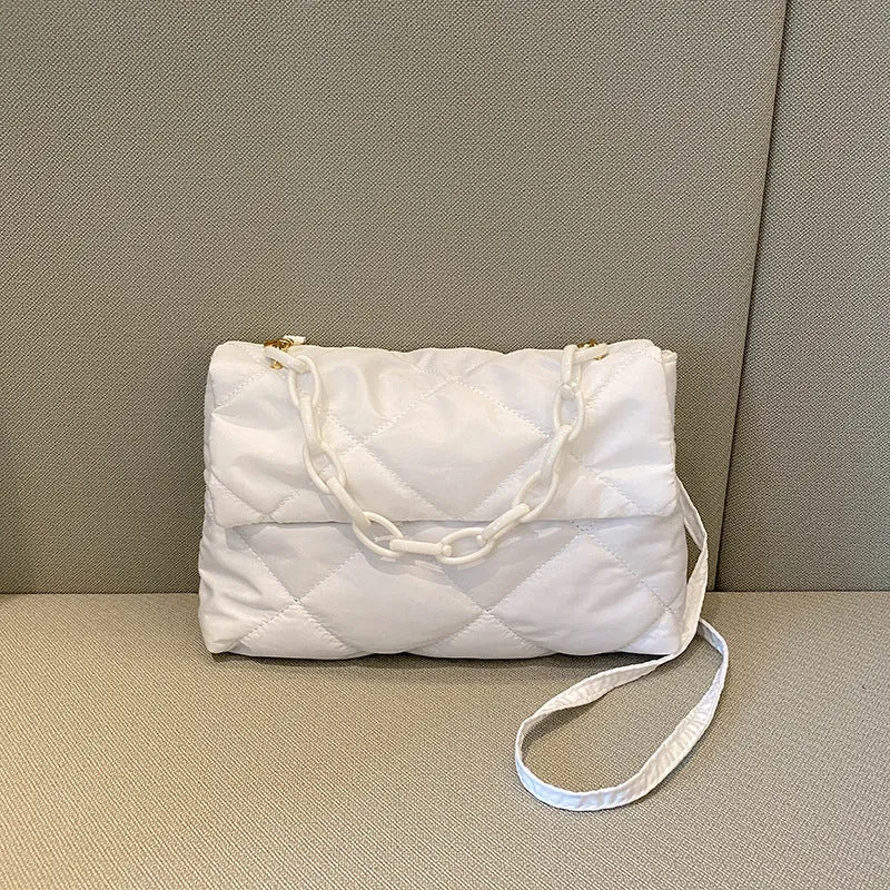 Nylon handbag with chain diagonal cross texture diamond grid, horizontal square shape, available in four colours