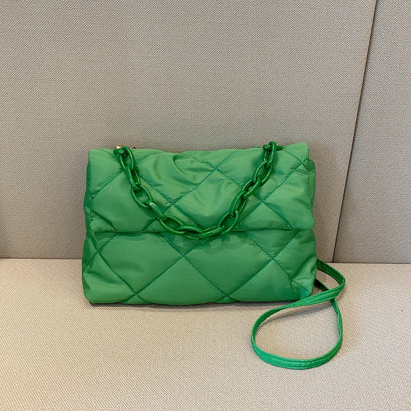 Nylon handbag with chain diagonal cross texture diamond grid, horizontal square shape, available in four colours
