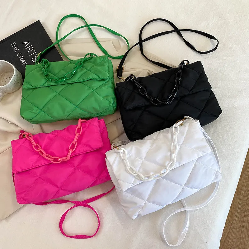 Nylon handbag with chain diagonal cross texture diamond grid, horizontal square shape, available in four colours