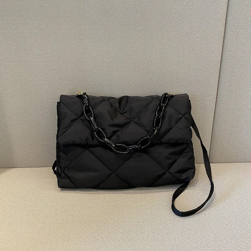 Nylon handbag with chain diagonal cross texture diamond grid, horizontal square shape, available in four colours