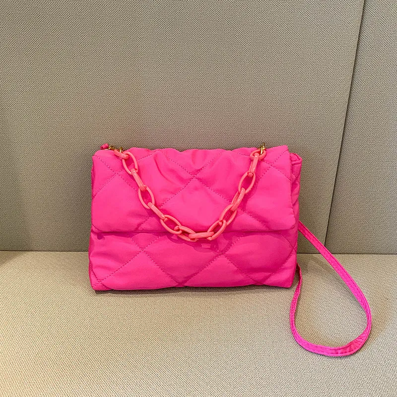 Nylon handbag with chain diagonal cross texture diamond grid, horizontal square shape, available in four colours