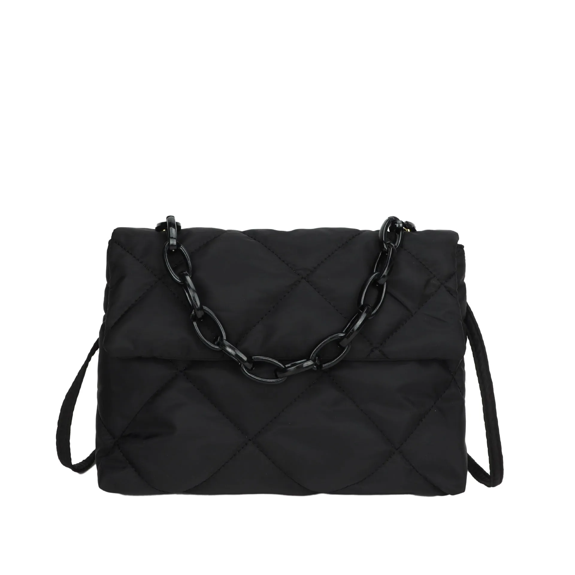 Nylon handbag with chain diagonal cross texture diamond grid, horizontal square shape, available in four colours