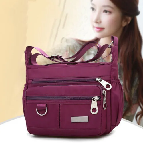 Women's waterproof nylon crossbody shoulder bag with multiple pockets in black