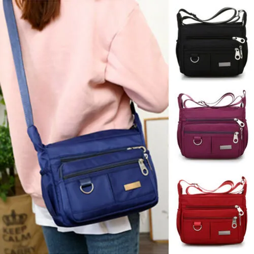 Women's waterproof nylon crossbody shoulder bag with multiple pockets in black