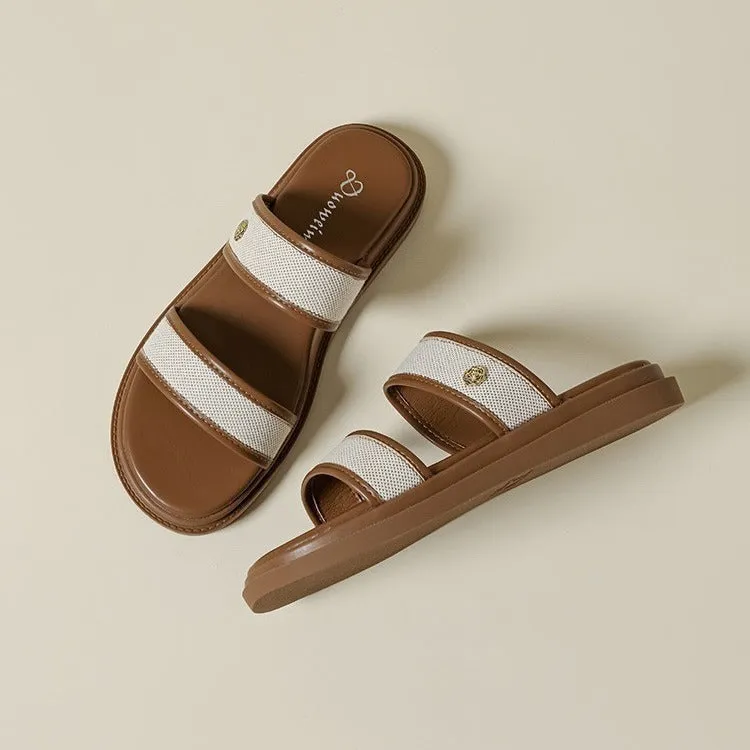 Women's brown and black soft bottom flip-flops with artificial PU upper and retro style