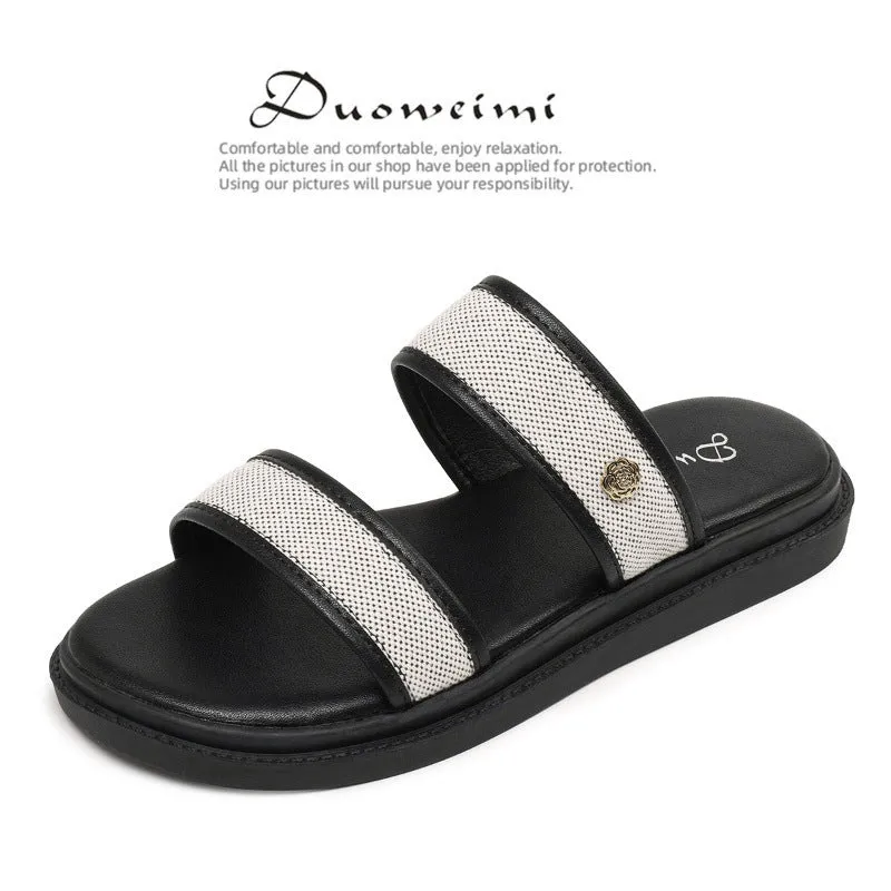 Women's brown and black soft bottom flip-flops with artificial PU upper and retro style
