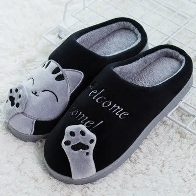 Winter home slippers cartoon cat non-slip soft warm house slippers suede upper in black