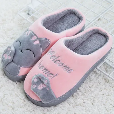 Winter home slippers cartoon cat non-slip soft warm house slippers suede upper in black