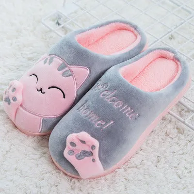 Winter home slippers cartoon cat non-slip soft warm house slippers suede upper in black