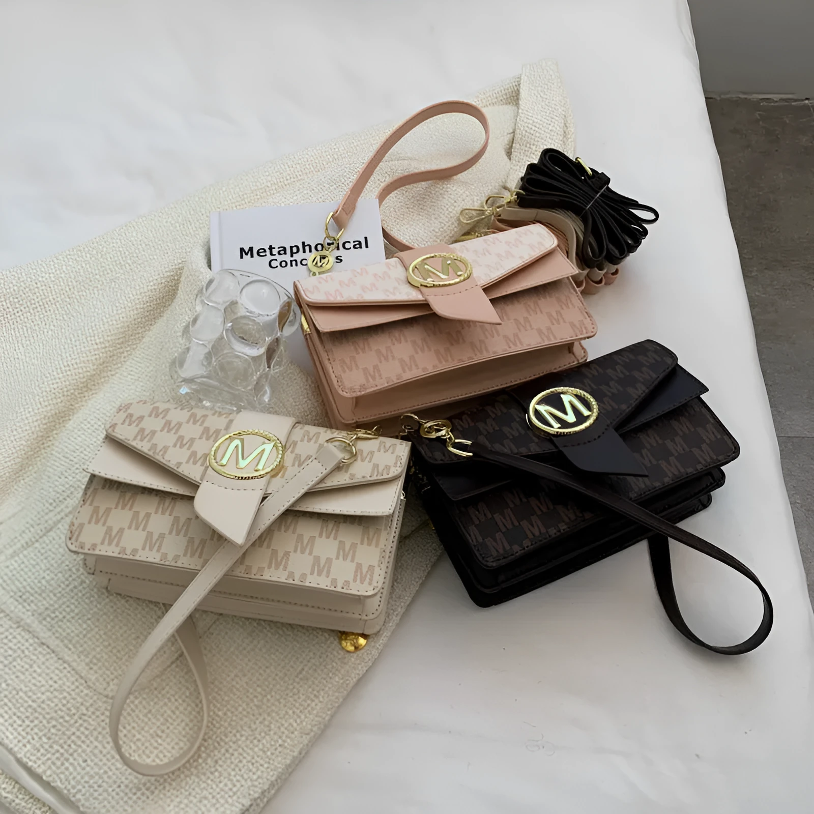 Niche personality printed letter shoulder messenger bag in beige with flap closure and single shoulder strap