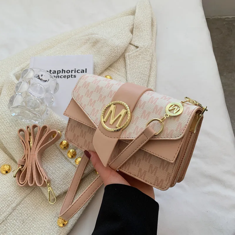 Niche personality printed letter shoulder messenger bag in beige with flap closure and single shoulder strap