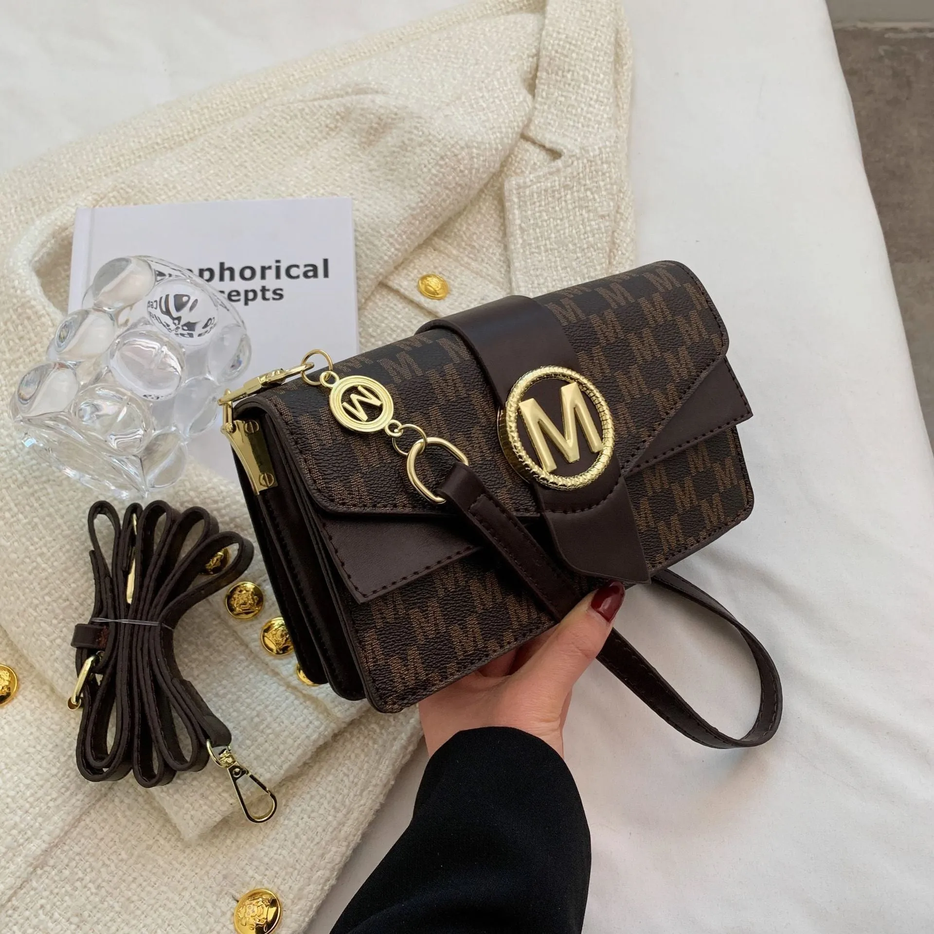 Niche personality printed letter shoulder messenger bag in beige with flap closure and single shoulder strap