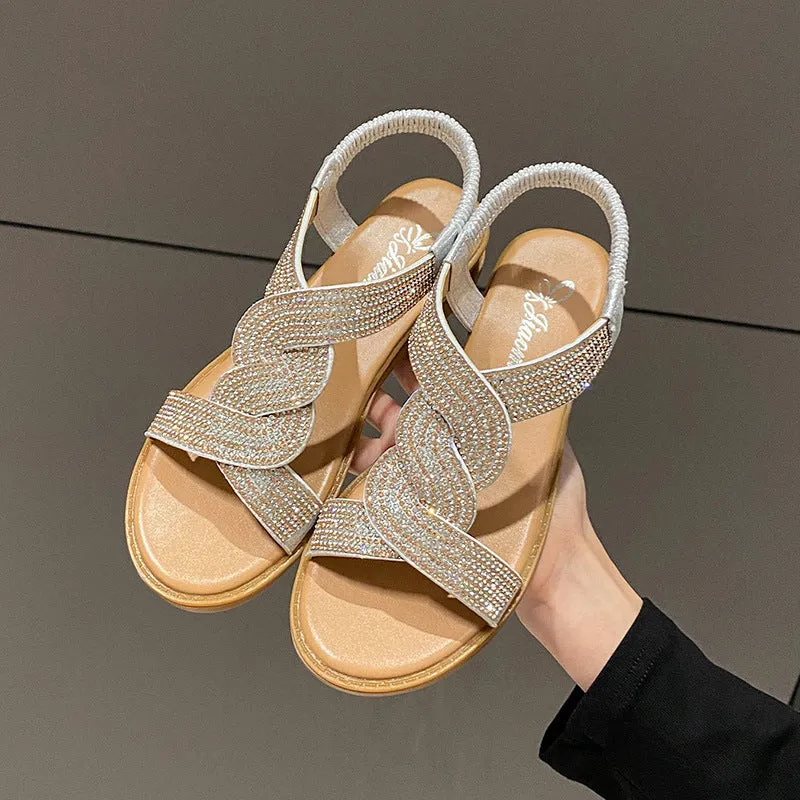 Women's fairy Roman sandals in gold with rhinestone decoration, fish mouth toe, and elastic band