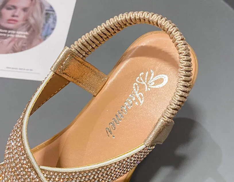 Women's fairy Roman sandals in gold with rhinestone decoration, fish mouth toe, and elastic band