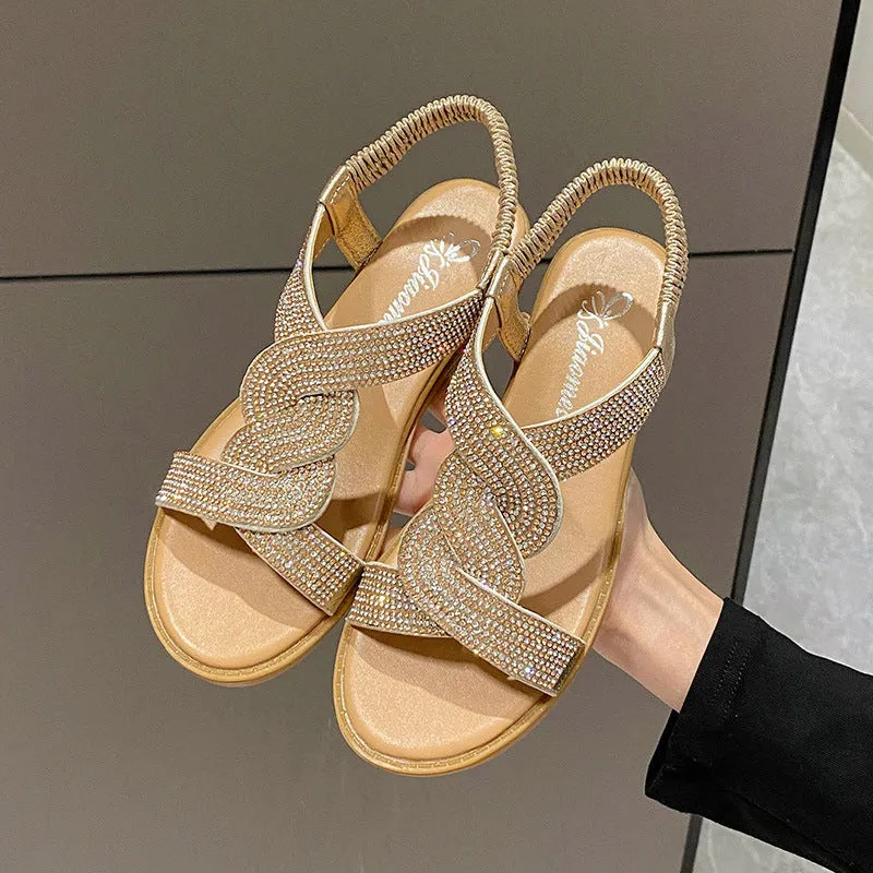 Women's fairy Roman sandals in gold with rhinestone decoration, fish mouth toe, and elastic band