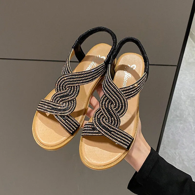 Women's fairy Roman sandals in gold with rhinestone decoration, fish mouth toe, and elastic band