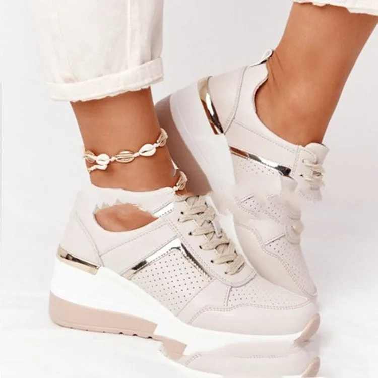Women's soft sole casual running shoes in beige with round toe and front tie, non-slip rubber sole