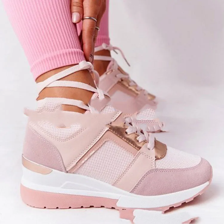 Women's soft sole casual running shoes in beige with round toe and front tie, non-slip rubber sole