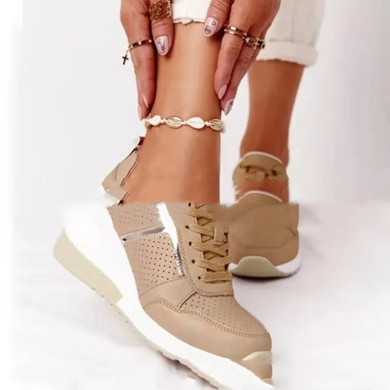Women's soft sole casual running shoes in beige with round toe and front tie, non-slip rubber sole