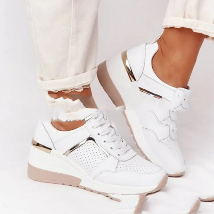 Women's soft sole casual running shoes in beige with round toe and front tie, non-slip rubber sole