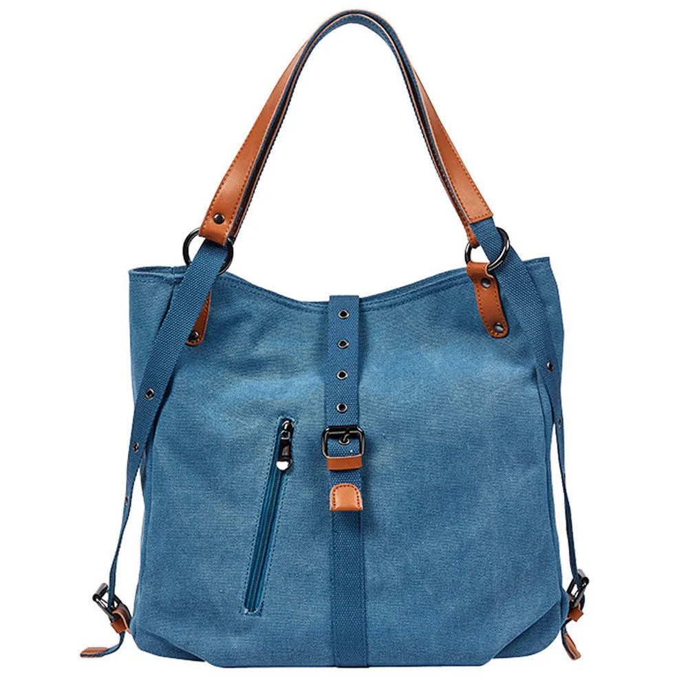 Canvas handbag with anti-theft device, woven detail, soft handle and curved shoulder strap in horizontal square shape