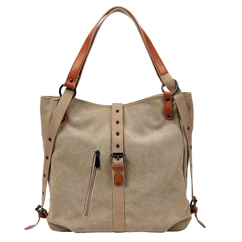 Canvas handbag with anti-theft device, woven detail, soft handle and curved shoulder strap in horizontal square shape