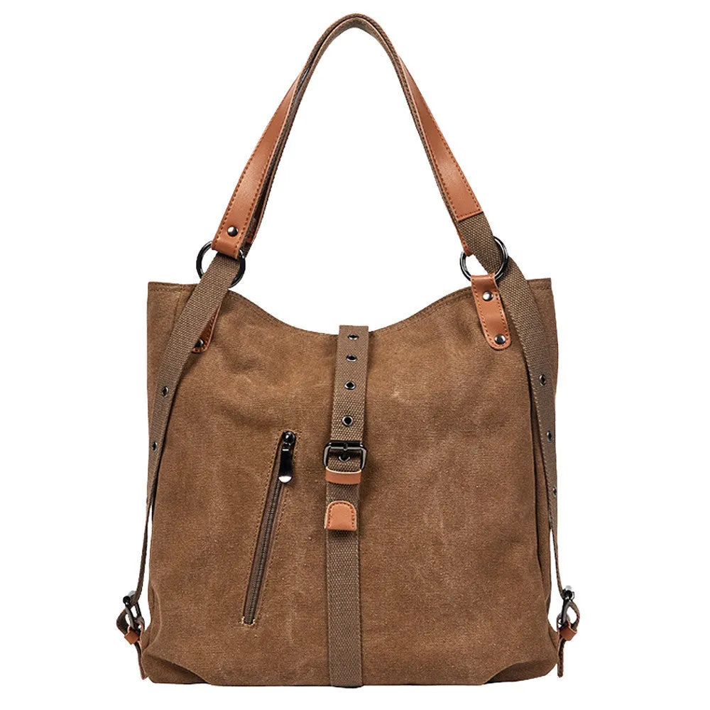 Canvas handbag with anti-theft device, woven detail, soft handle and curved shoulder strap in horizontal square shape