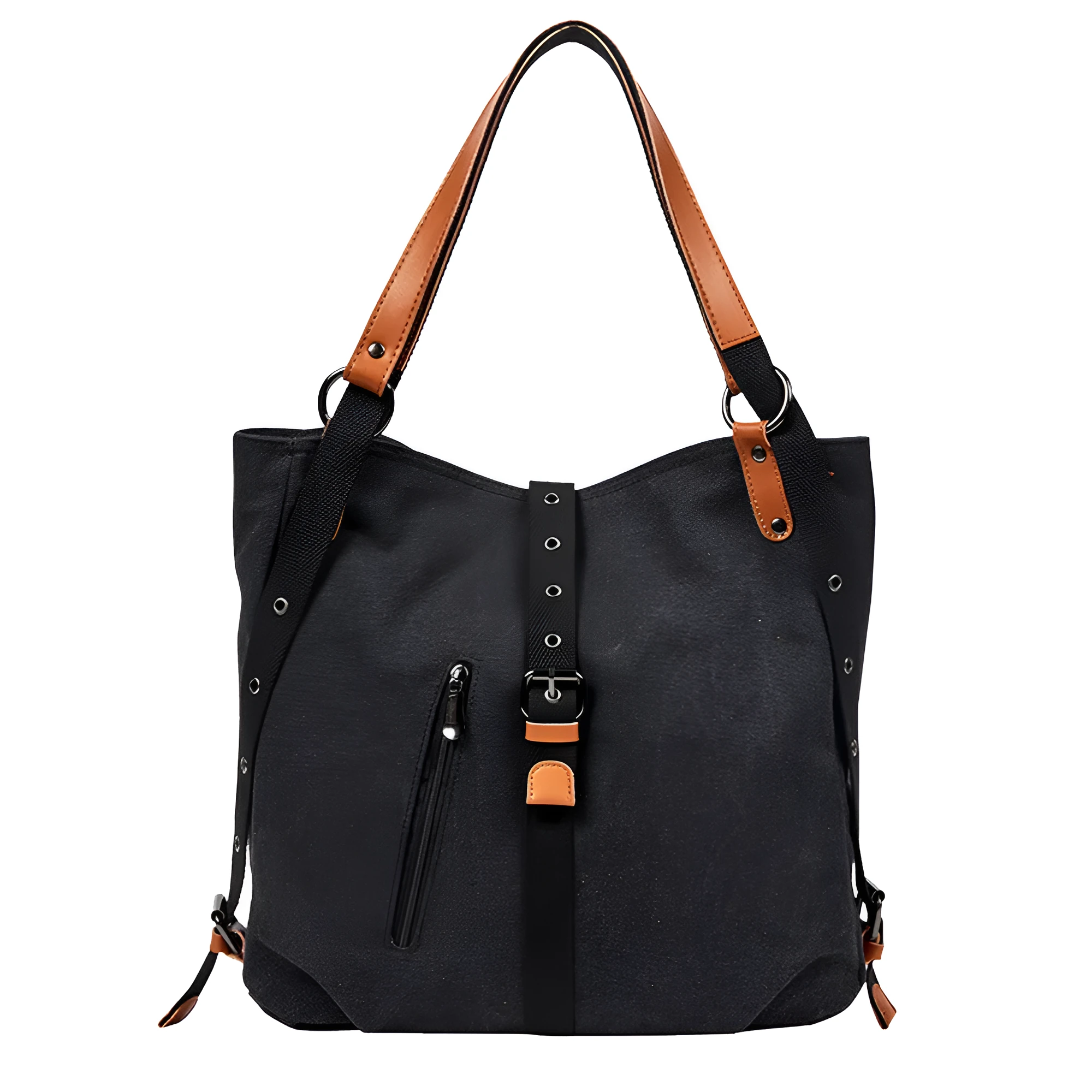 Canvas handbag with anti-theft device, woven detail, soft handle and curved shoulder strap in horizontal square shape