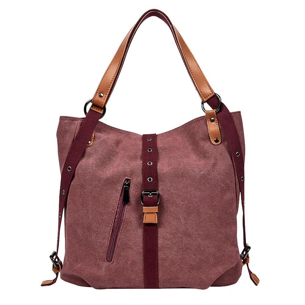 Canvas handbag with anti-theft device, woven detail, soft handle and curved shoulder strap in horizontal square shape