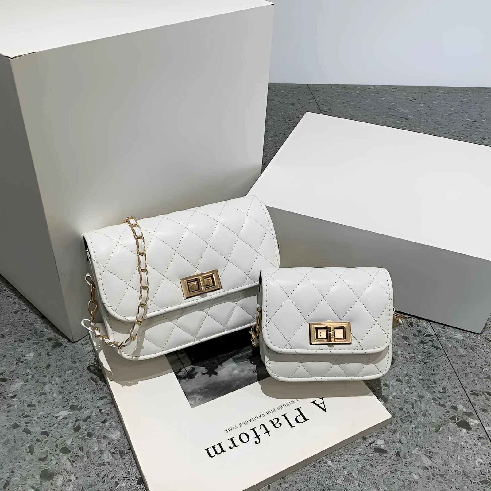 Women's casual diamond chain shoulder messenger bag in beige, PU leather, horizontal square retro style with sewing thread detail