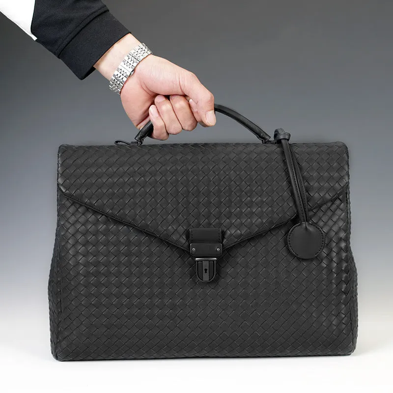 Men's handbag in black super fibre synthetic leather with clamshell knitting pattern, horizontal square shape, latch closure, and soft handle