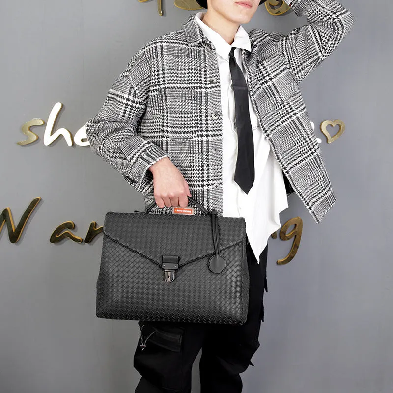 Men's handbag in black super fibre synthetic leather with clamshell knitting pattern, horizontal square shape, latch closure, and soft handle