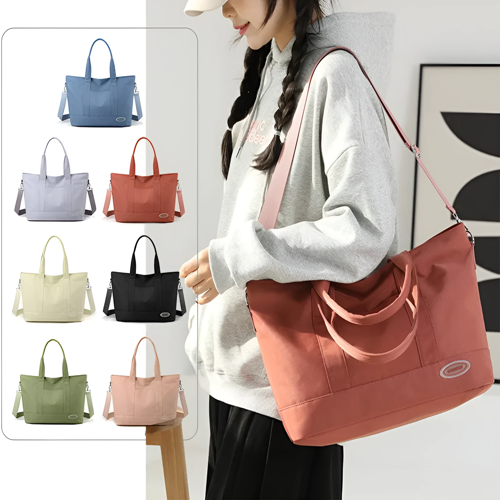 Large capacity nylon tote bag for women in casual Korean style solid colour shoulder bag 38x28x14cm