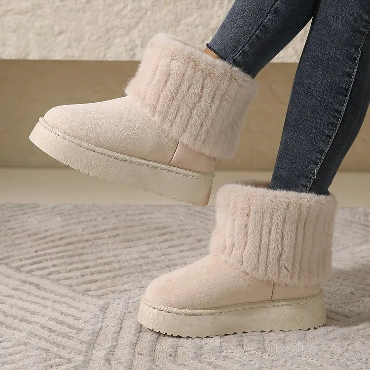Thick-soled plush snow boots for women with synthetic leather upper and round toe, mid-tube design, in beige
