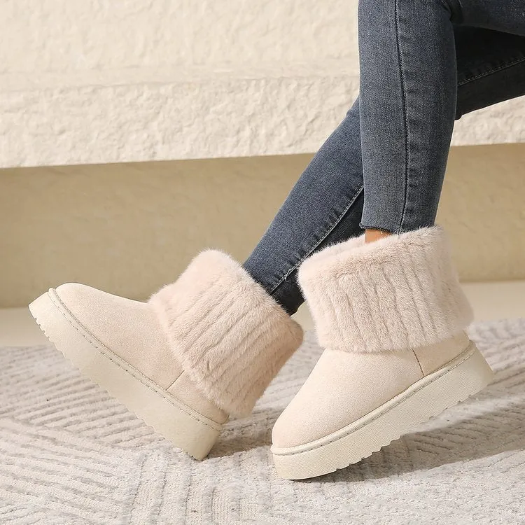 Thick-soled plush snow boots for women with synthetic leather upper and round toe, mid-tube design, in beige