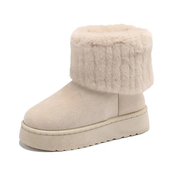 Thick-soled plush snow boots for women with synthetic leather upper and round toe, mid-tube design, in beige