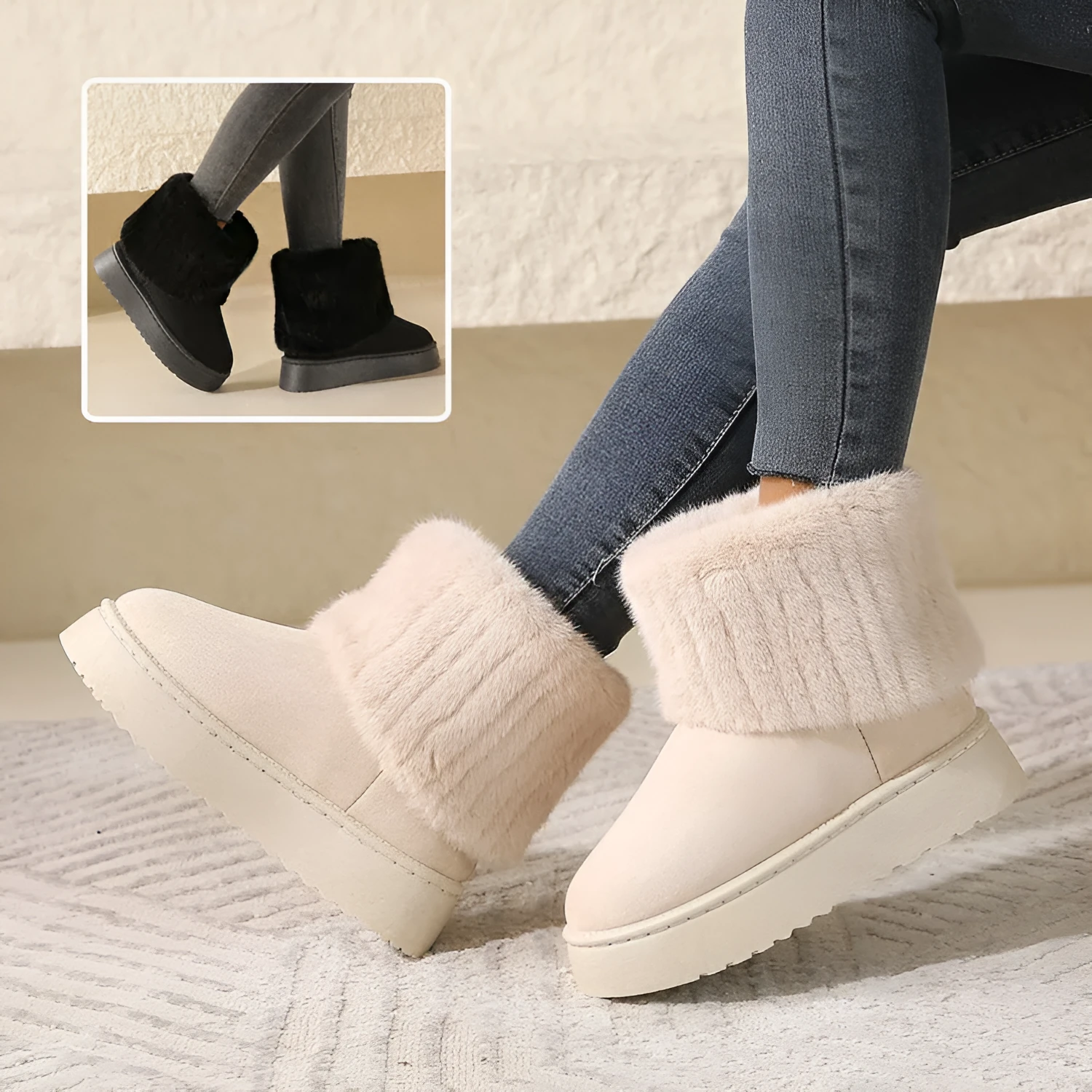 Thick-soled plush snow boots for women with synthetic leather upper and round toe, mid-tube design, in beige