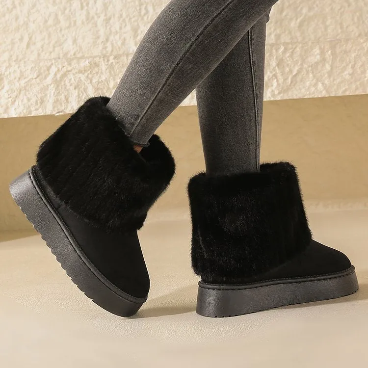 Thick-soled plush snow boots for women with synthetic leather upper and round toe, mid-tube design, in beige