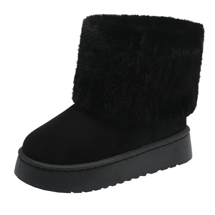 Thick-soled plush snow boots for women with synthetic leather upper and round toe, mid-tube design, in beige